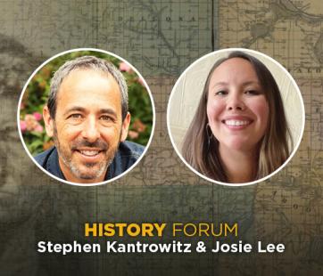 Author photos in front of historic portrait and map