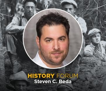 Author photo in front of a historical photo of timber workers